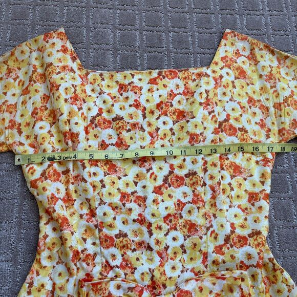 VTG Spring Floral Party Dress Bow Women's 15 / 6 Yellow Orange 1950s 60s Cottage - Picture 8 of 10